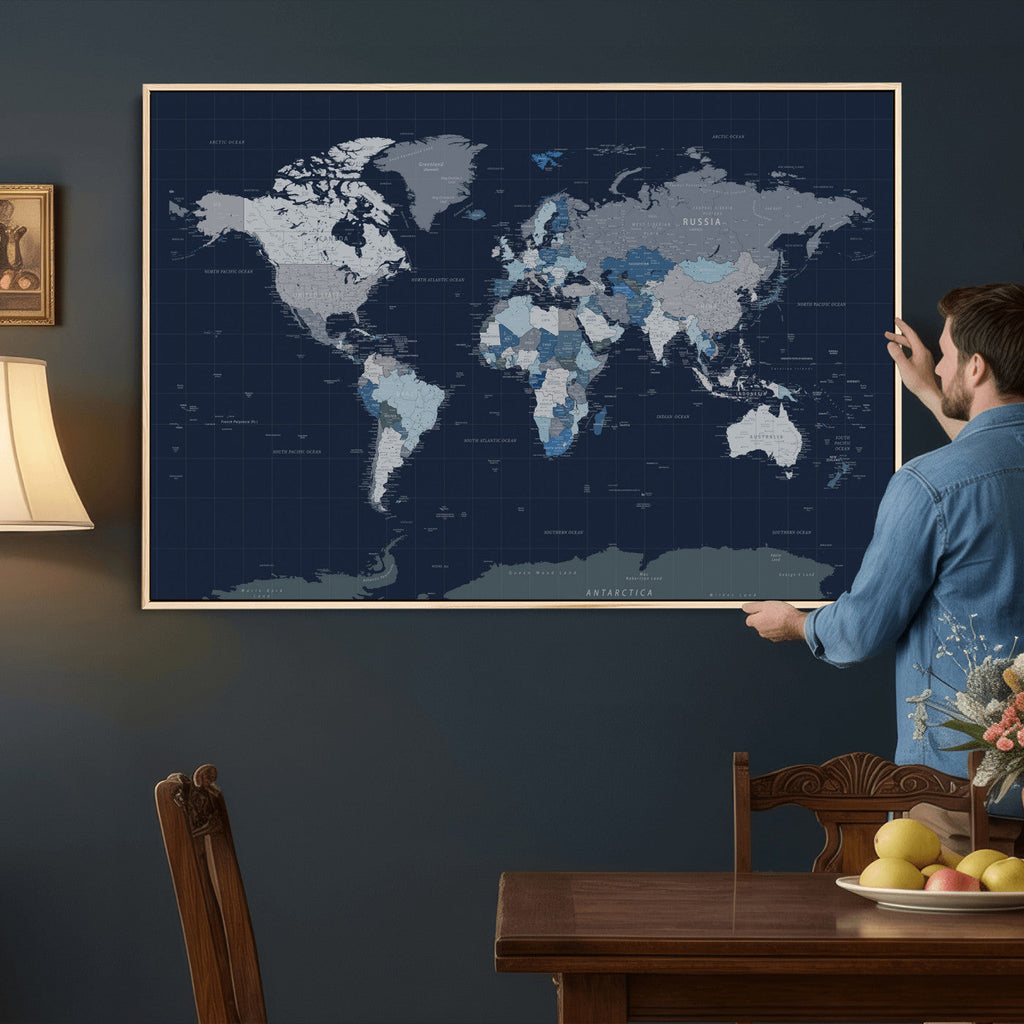 Blue Detailed World Map Wall Art Canvas Print | Modern Framed Map