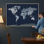 Blue Detailed World Map Wall Art Canvas Print | Modern Framed Map