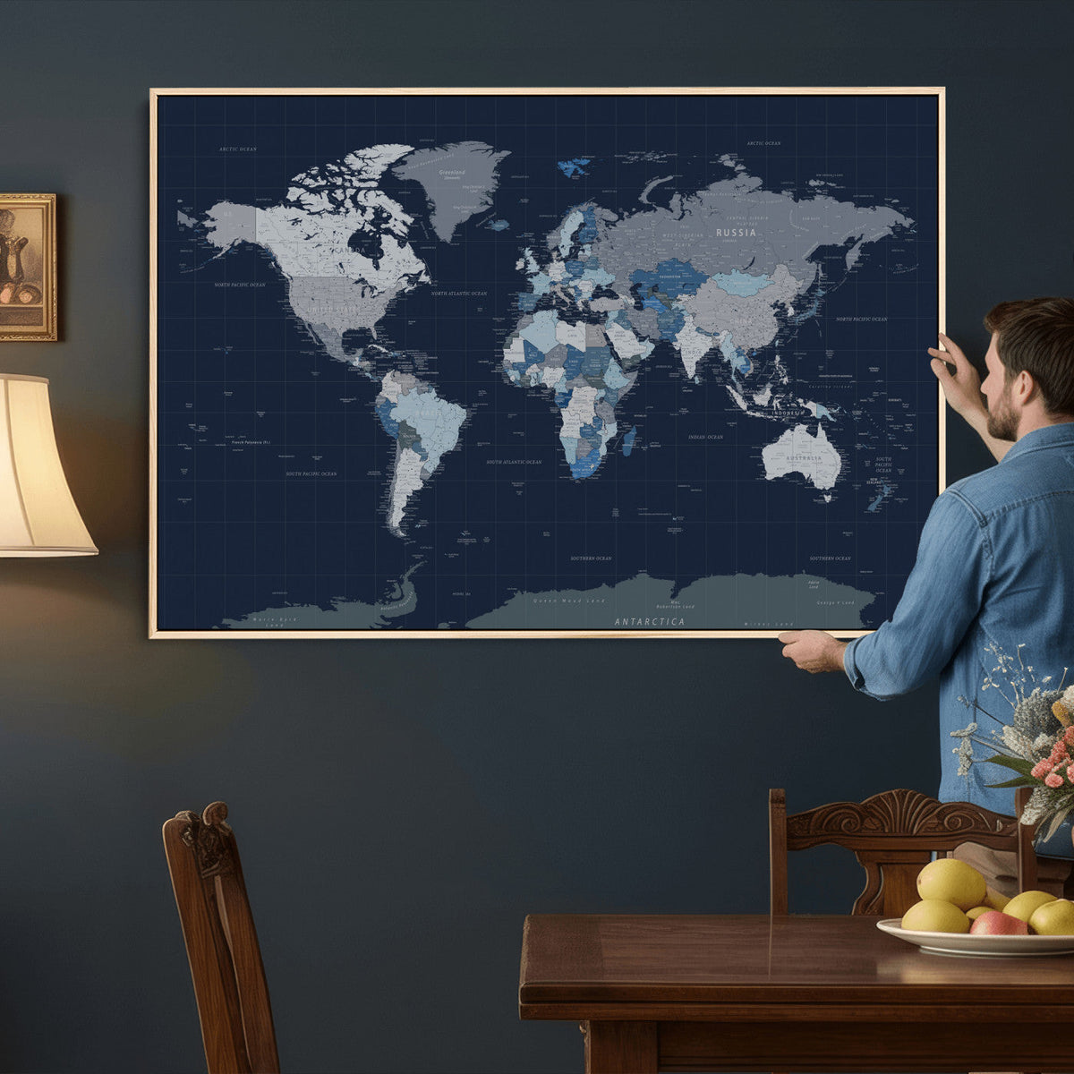 Blue Detailed World Map Wall Art Canvas Print | Modern Framed Map