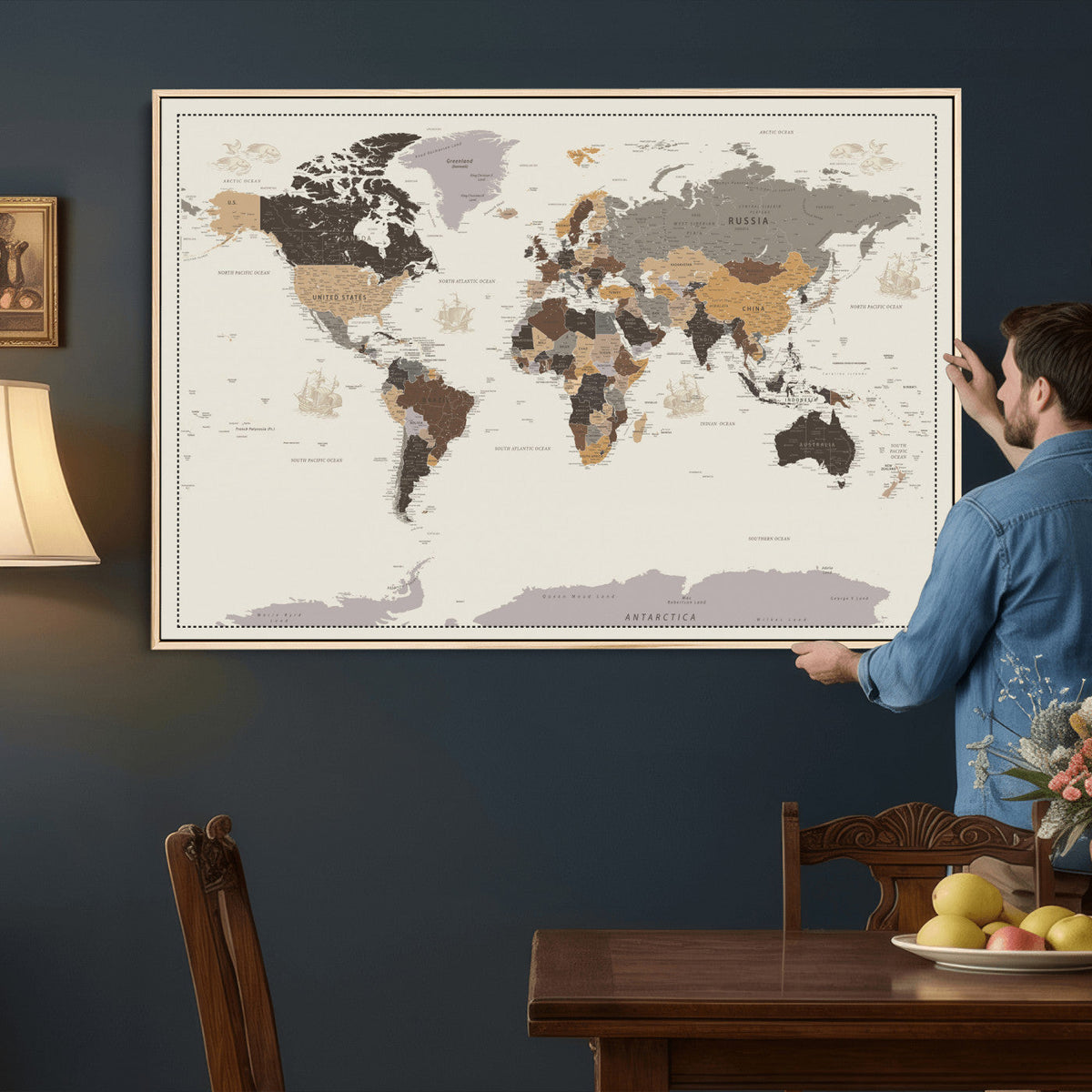 Custom Beige Modern Push Pin World Map Canvas Print, Places Visited Tracker, Bedroom and Study Decor