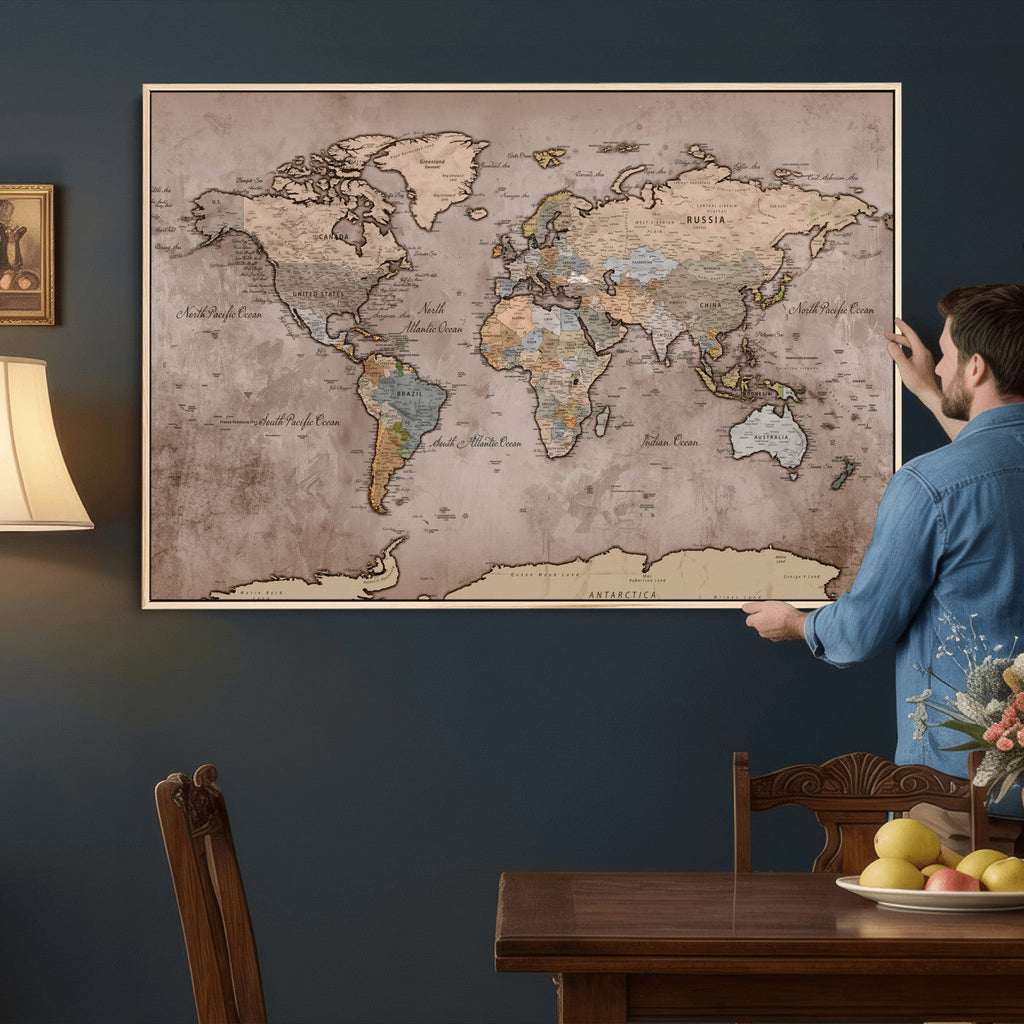 Grunge World Map Canvas Wall Art - Vintage Aged World Map with Golden Tones