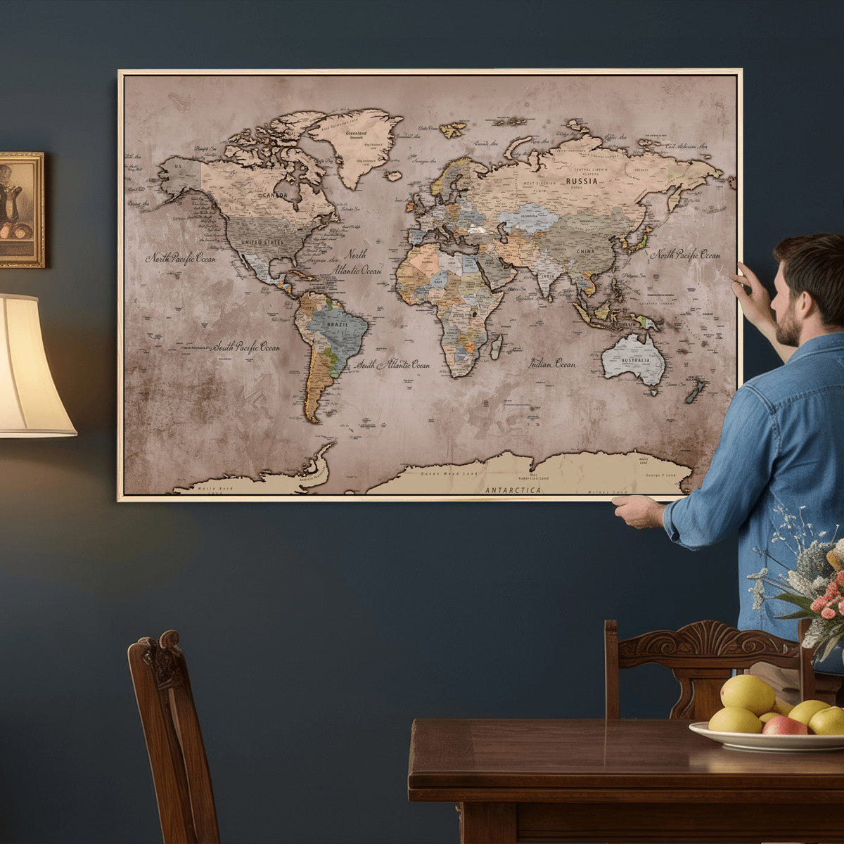 Grunge World Map Canvas Wall Art - Vintage Aged World Map with Golden Tones