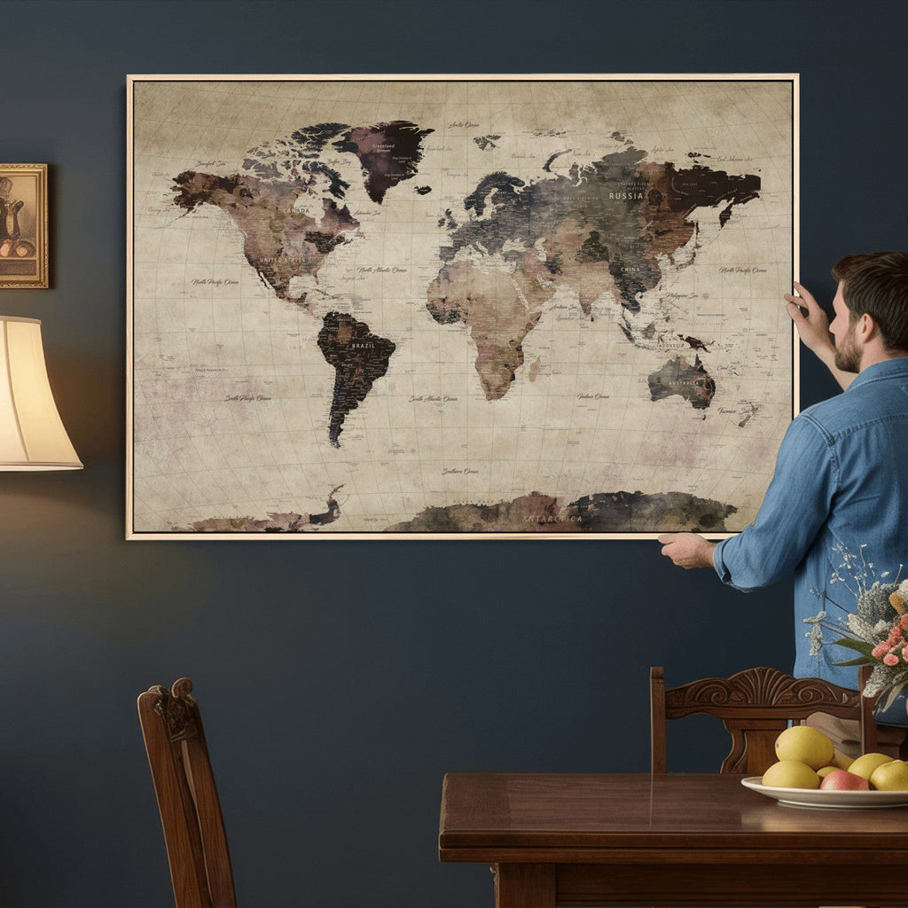 World Map Canvas Print, Detailed Map of the World, Adventure Gift for Couples and Anniversaries