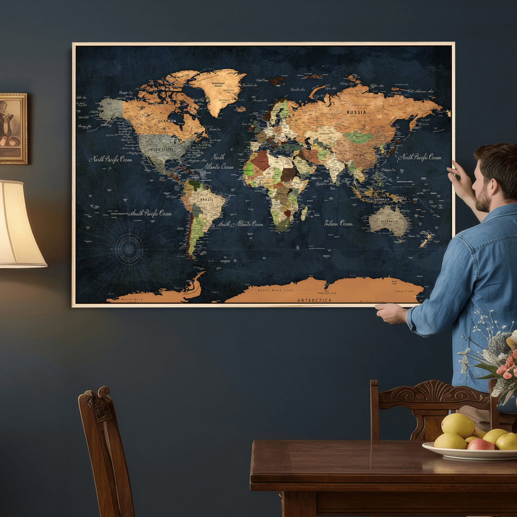 Vintage World Map Canvas Wall Art | Detailed Map with Countries, Oceans and Continents