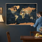 Vintage World Map Canvas Wall Art | Detailed Map with Countries, Oceans and Continents