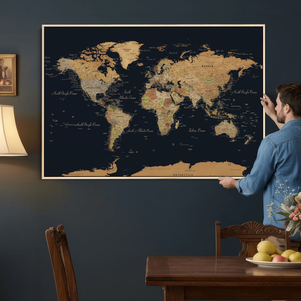 Vintage World Map Earth Globe Countries Oceans Continents