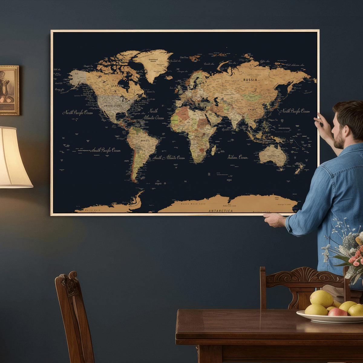 Vintage World Map Earth Globe Countries Oceans Continents