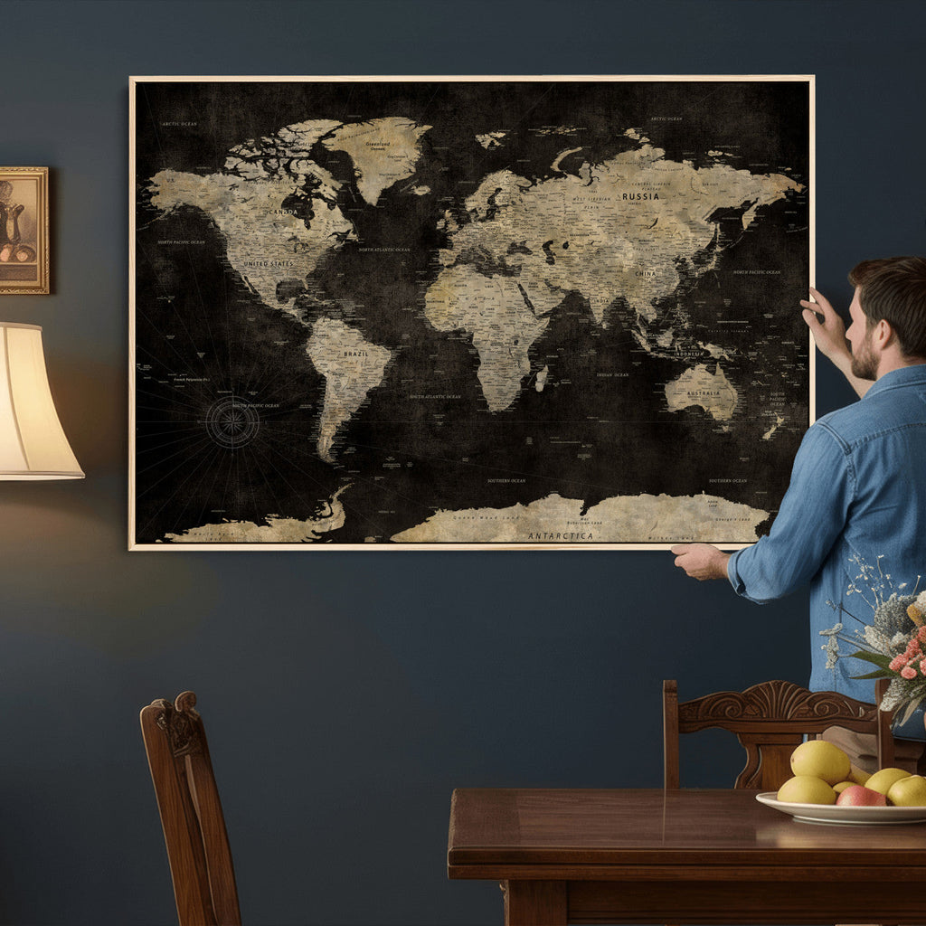 Push Pin World Map Canvas Wall Art Print, Interactive Travel Map