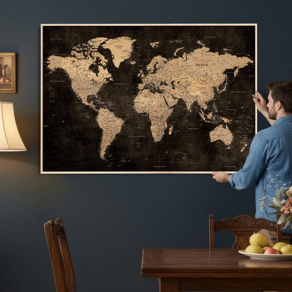 Brown World Map Canvas Print | Modern Travel Map Wall Art