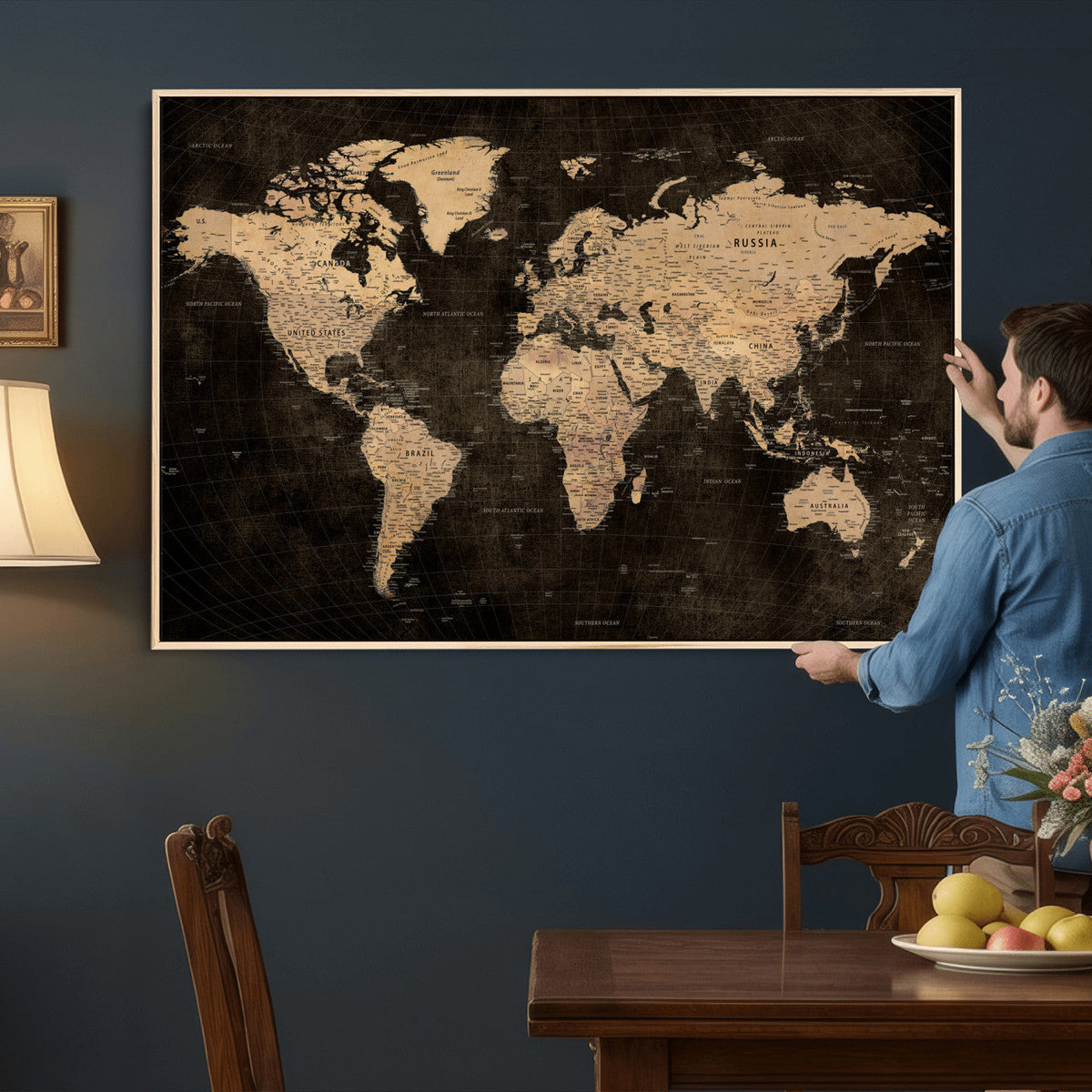 Brown World Map Canvas Print | Modern Travel Map Wall Art