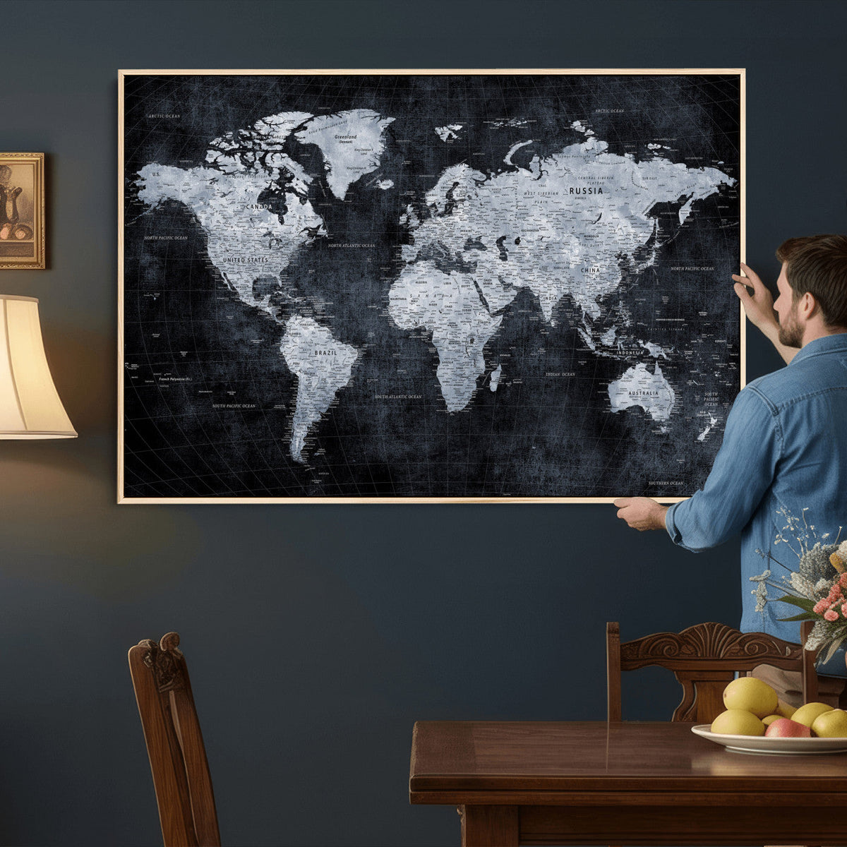 Black World Map Canvas Print | Detailed Map for Couples and Anniversary Gift