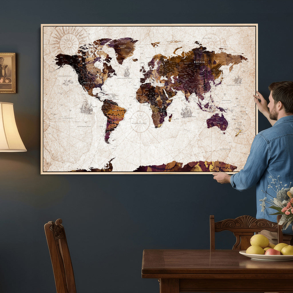 Blue Watercolor World Map Canvas Print | Framed Modern Wall Art