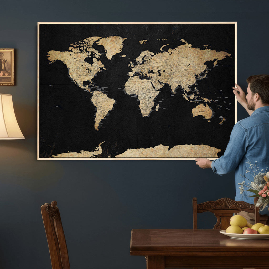 Beige World Map Canvas Wall Art Print, Minimal Black and Beige Map
