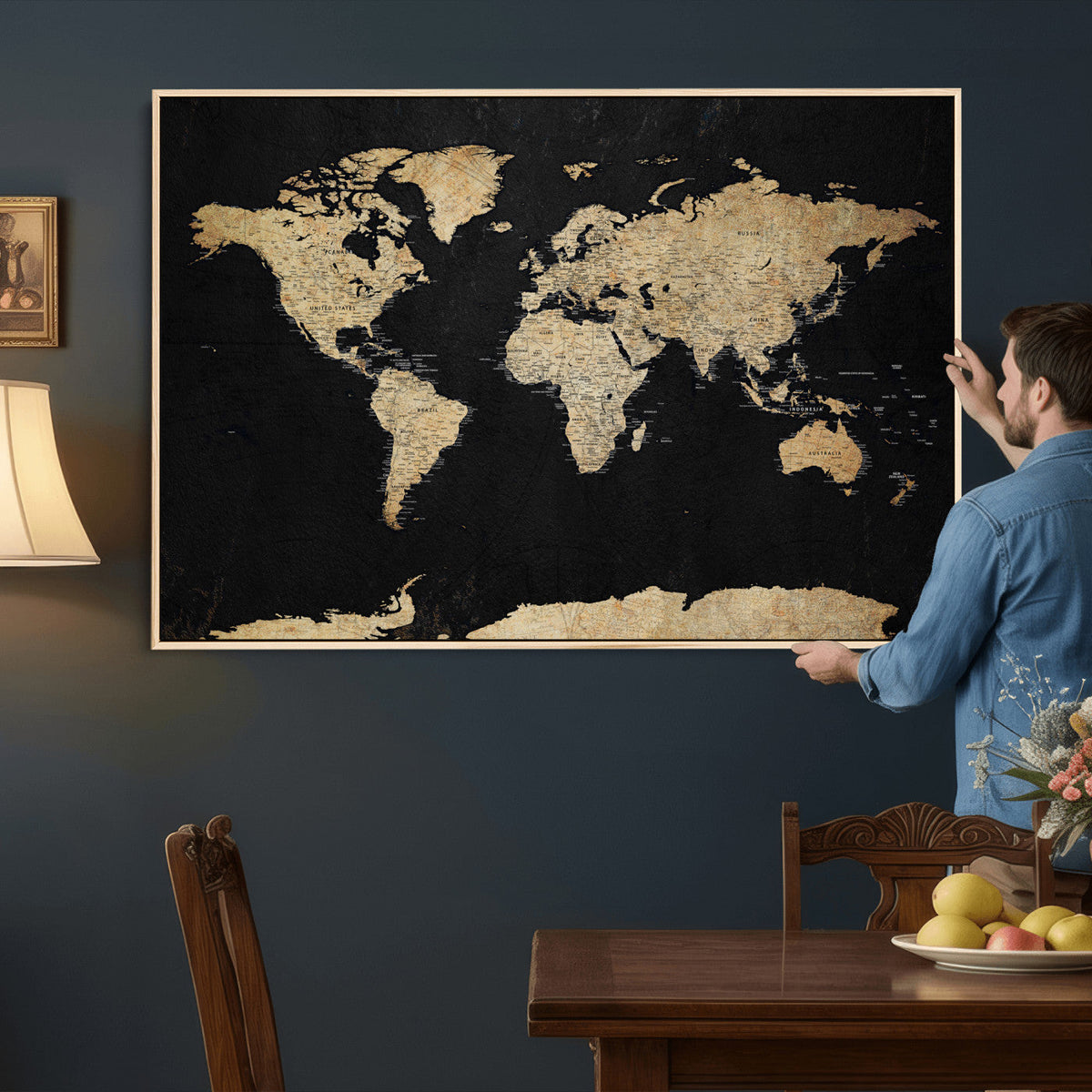 Beige World Map Canvas Wall Art Print, Minimal Black and Beige Map