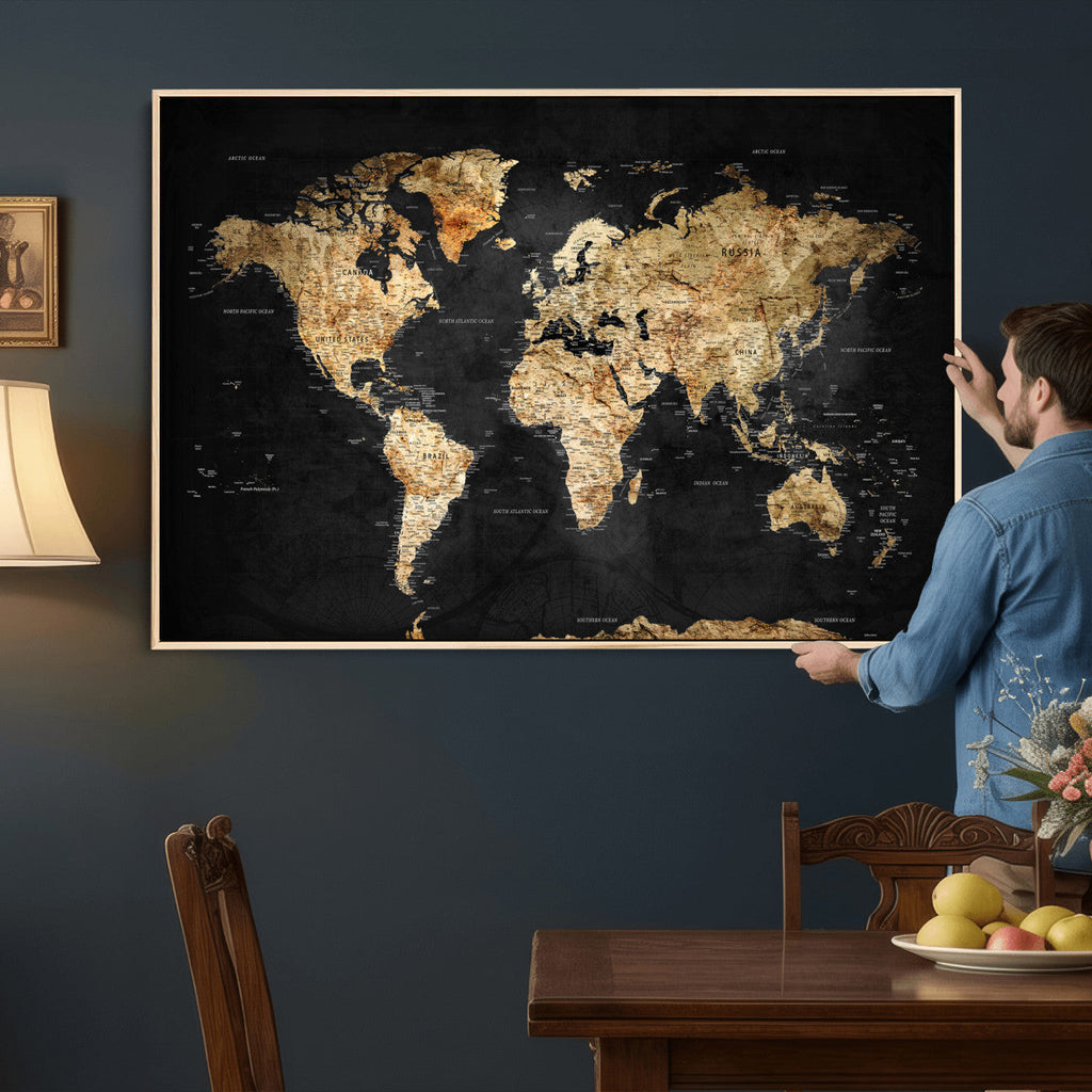 World Map Canvas Wall Art with Famous Landmarks | Framed Travel Map