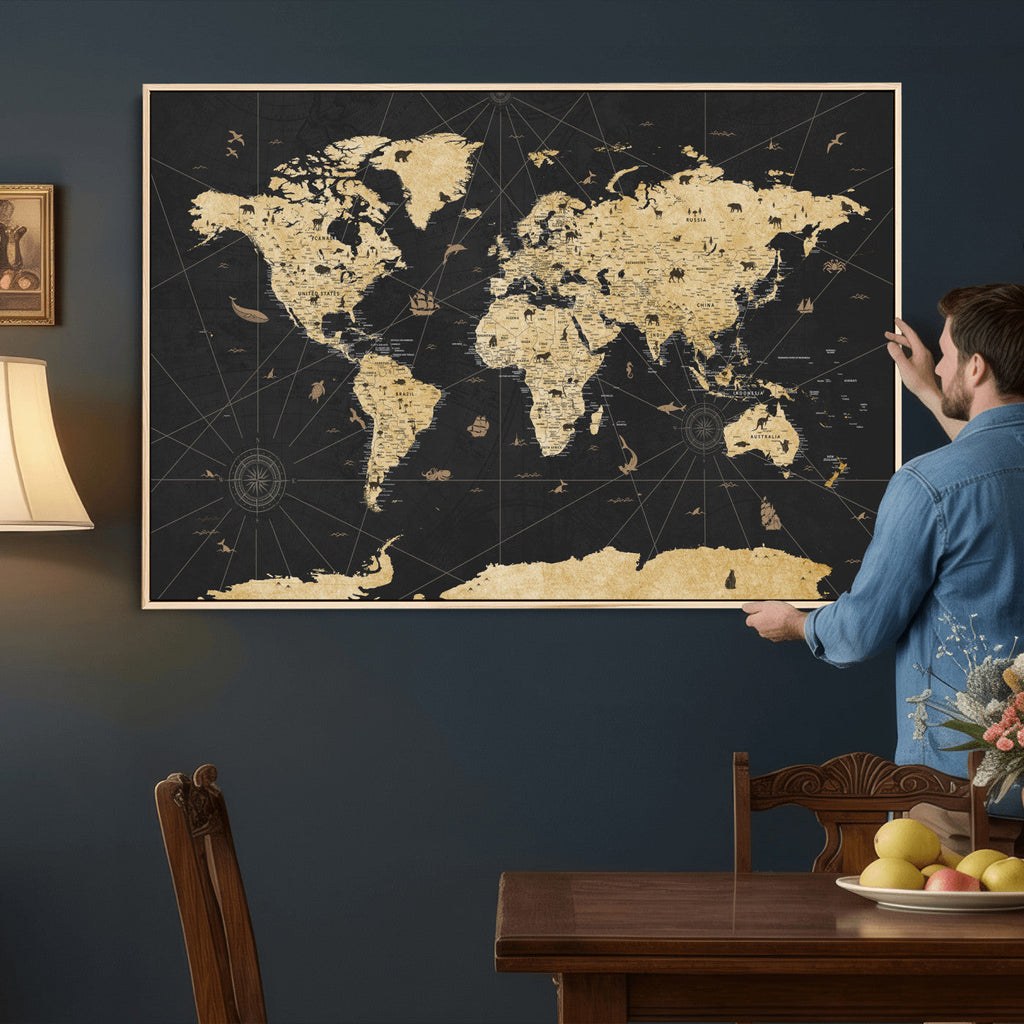 Vintage Blue and Brown World Map Canvas Wall Art | Framed Rustic Map Print