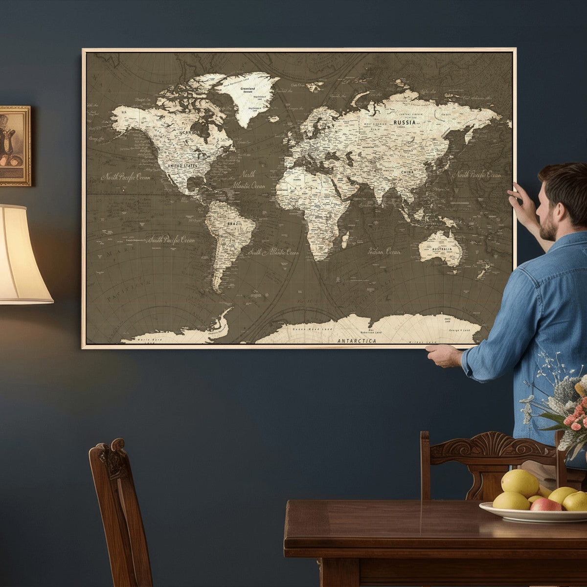 Vintage World Map Canvas Print | Framed Travel Map Wall Art for Couples
