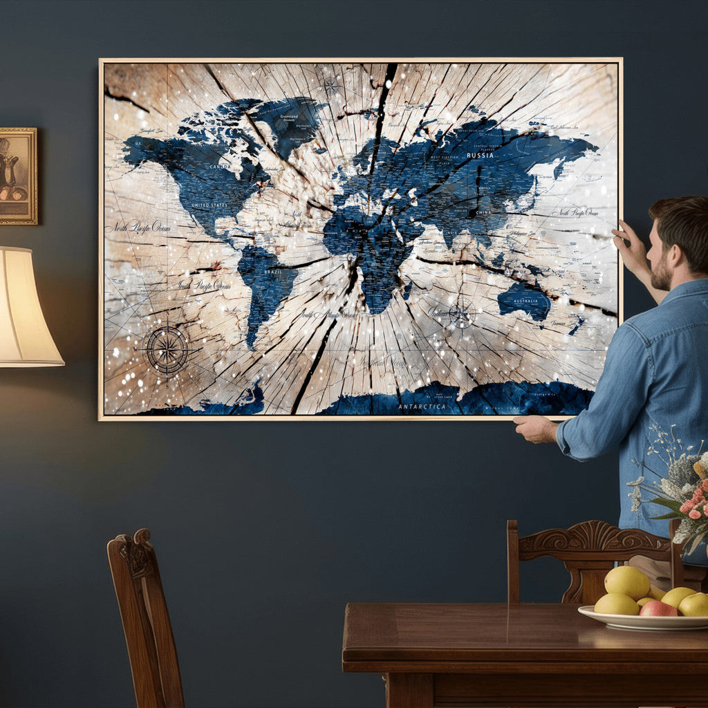 Rustic World Map Canvas Print | Framed Wall Art for Couples