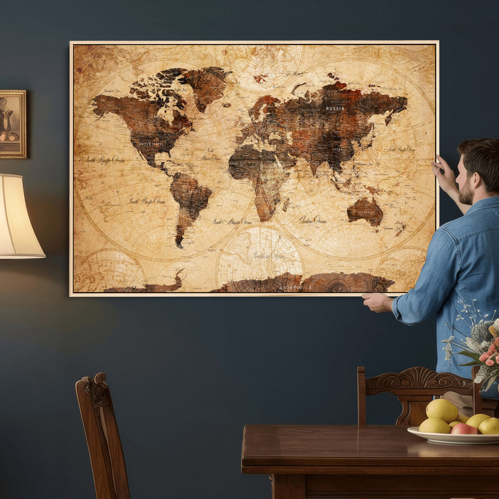 Modern Red and Gray World Map Canvas Print | Framed Wall Art