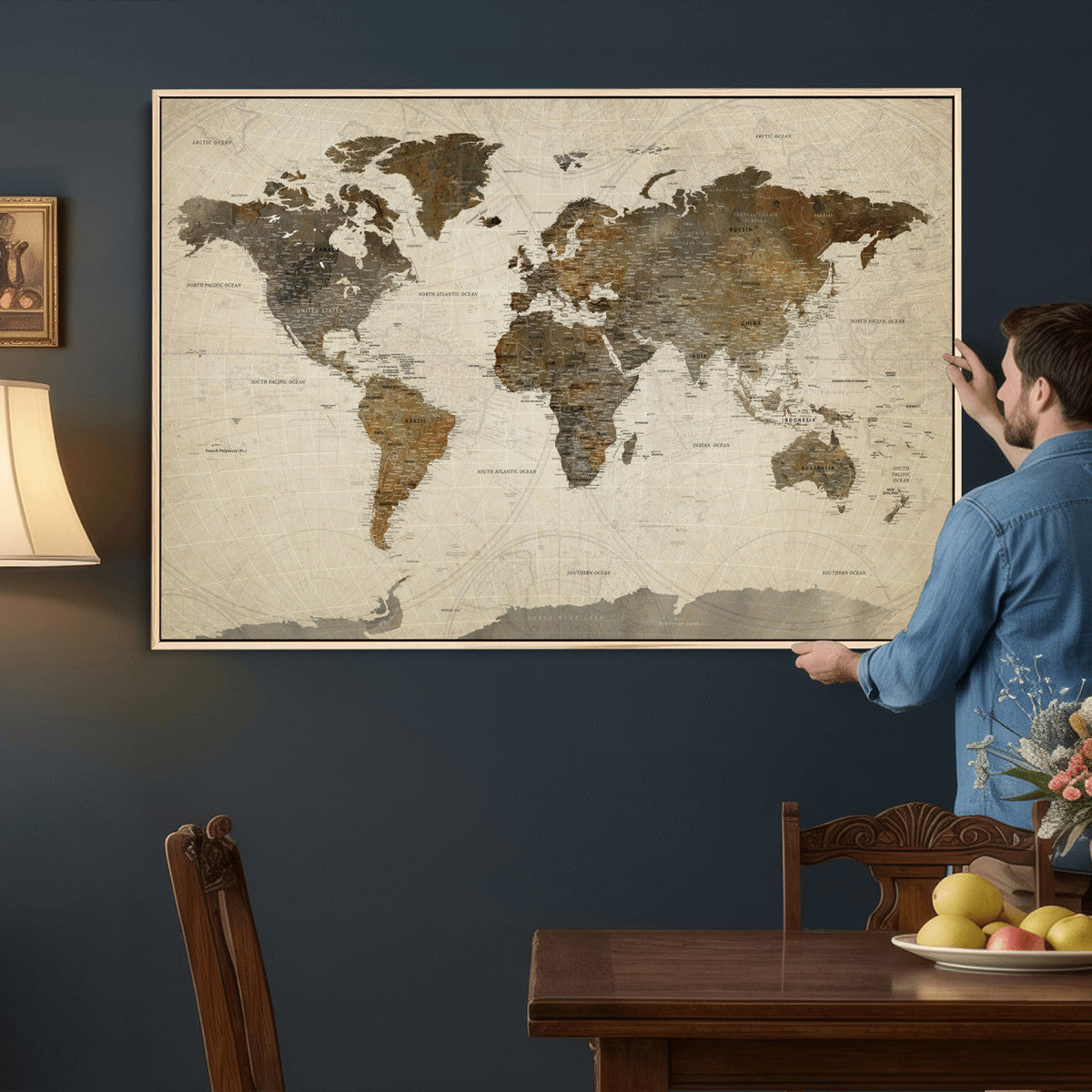 Vintage World Map Canvas Wall Art | Framed Antique Style Travel Map