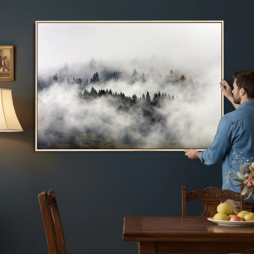 Foggy Forest Wall Art Canvas Print, Misty Pine Tree Landscape