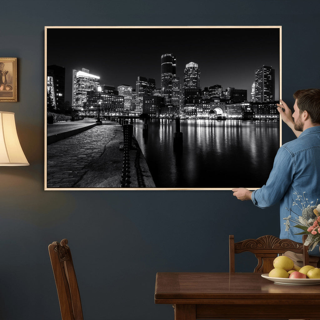 Boston Wall Art Canvas Print, Boston City Downtown Night Cityscape
