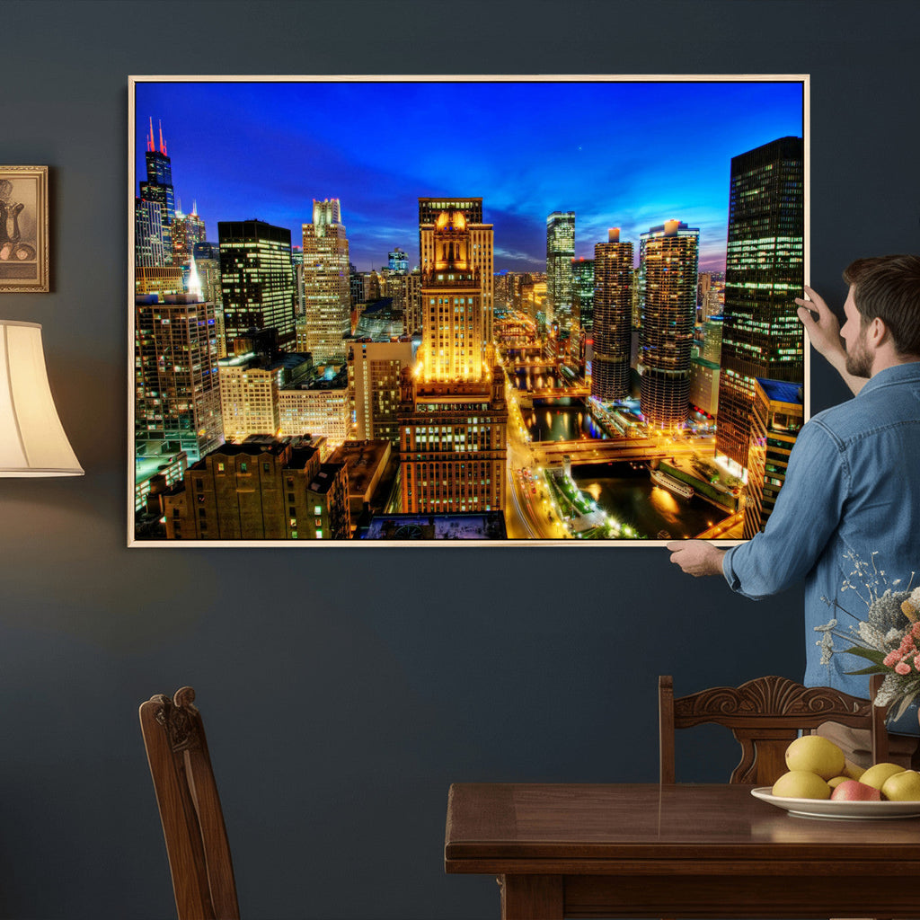 Chicago Wall Art Canvas Print - Chicago City Downtown Night Cityscape