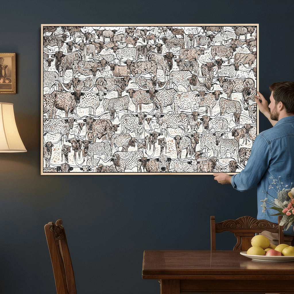 Abstract Texas Cow Wall Art Canvas Print, Farm Longhorn Art for Cabin Decor
