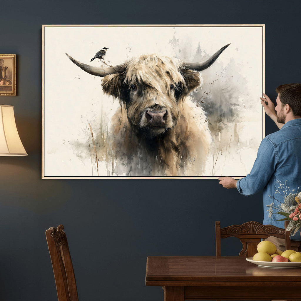 Abstract Highland Cow Wall Art Canvas Print, Rustic Farm Cattle Portrait
