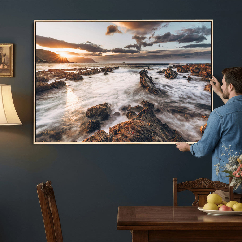 Rocky Coast Ocean Sunset Wall Art Canvas Print, Dramatic Seascape Nature Decor