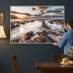 Rocky Coast Ocean Sunset Wall Art Canvas Print, Dramatic Seascape Nature Decor