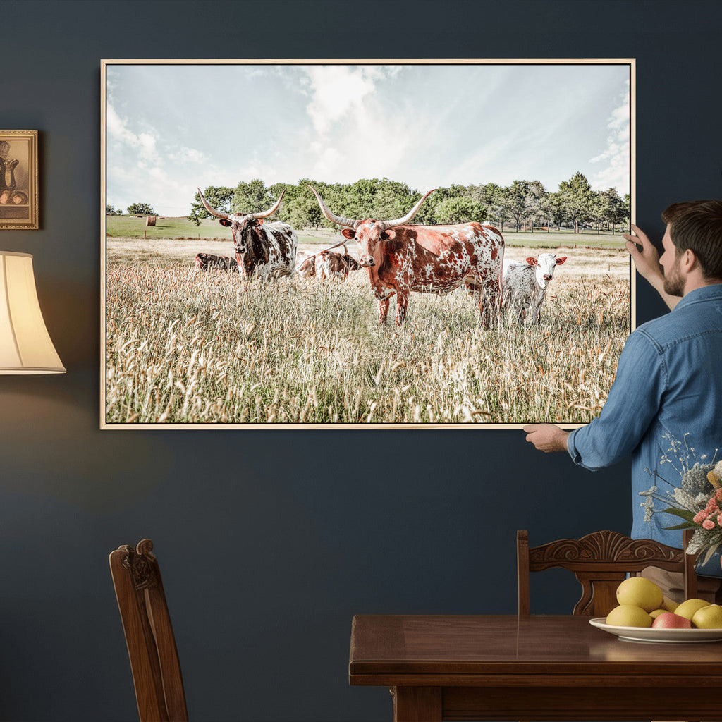 Texas Longhorn Cattle Wall Art Canvas Print, Western Ranch Landscape Decor