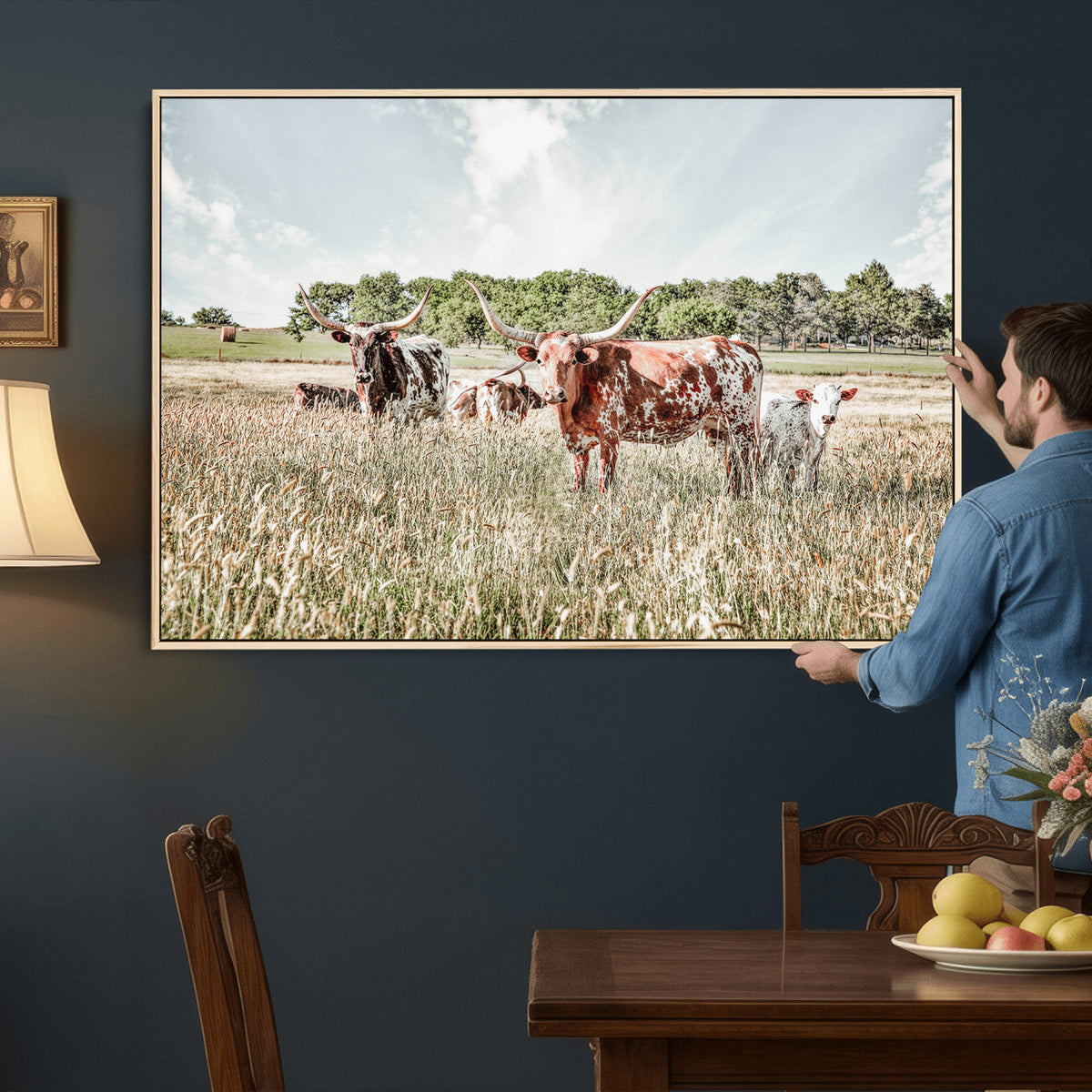 Texas Longhorn Cattle Wall Art Canvas Print, Western Ranch Landscape Decor
