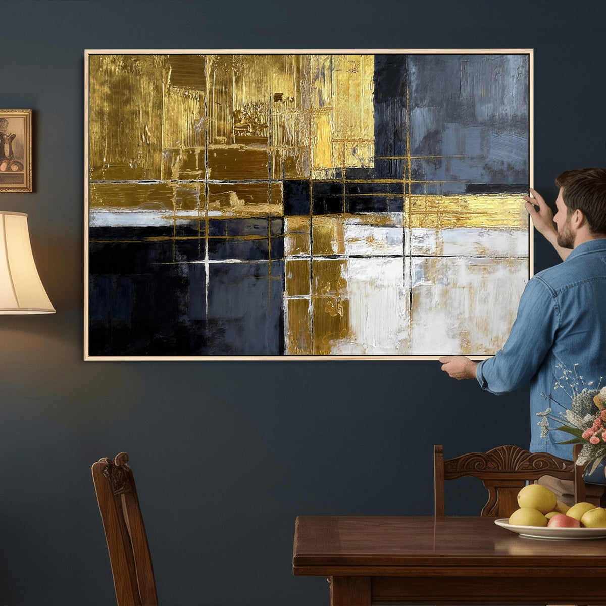 Gold Navy Abstract Wall Art Canvas Print, Modern Luxury Geometric Art for Living Room and Office