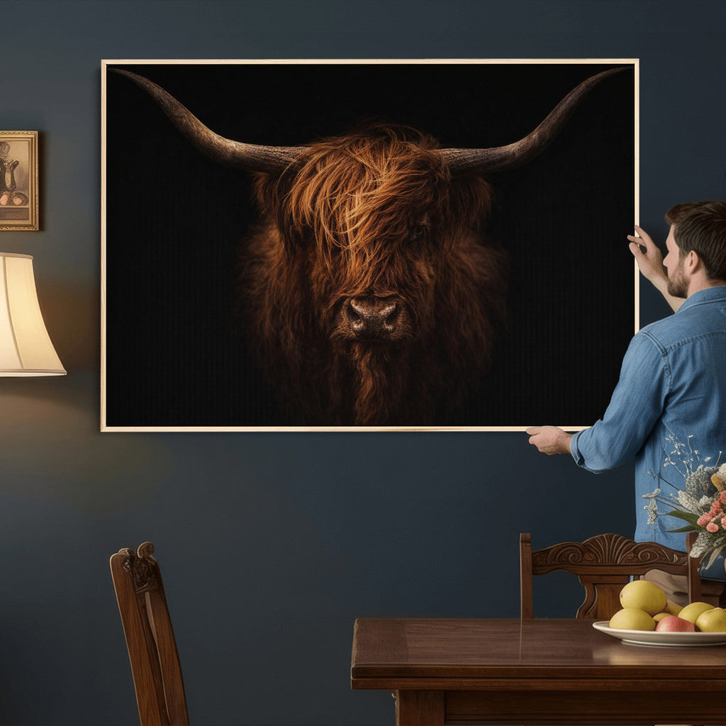 Highland Cow Wall Art Canvas Print | Moody Dark Rustic Farmhouse Portrait