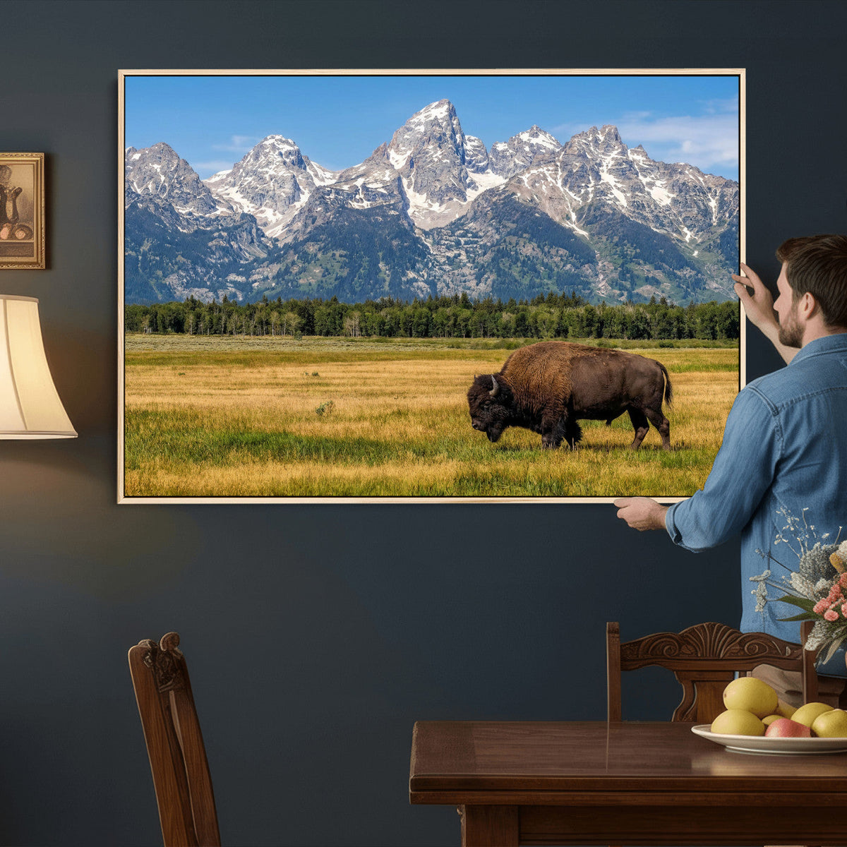 Bison in Mountain Landscape Wall Art Canvas Print, Western Decor