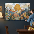 Boho Mountain Landscape Large Wall Art, Horizontal Gold Sun and Flowers Print