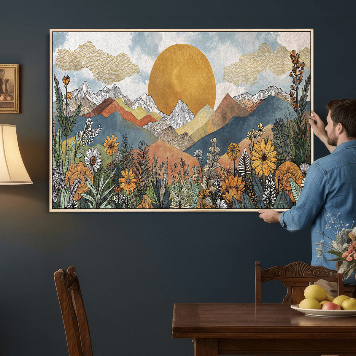 Boho Mountain Landscape Large Wall Art, Horizontal Gold Sun and Flowers Print