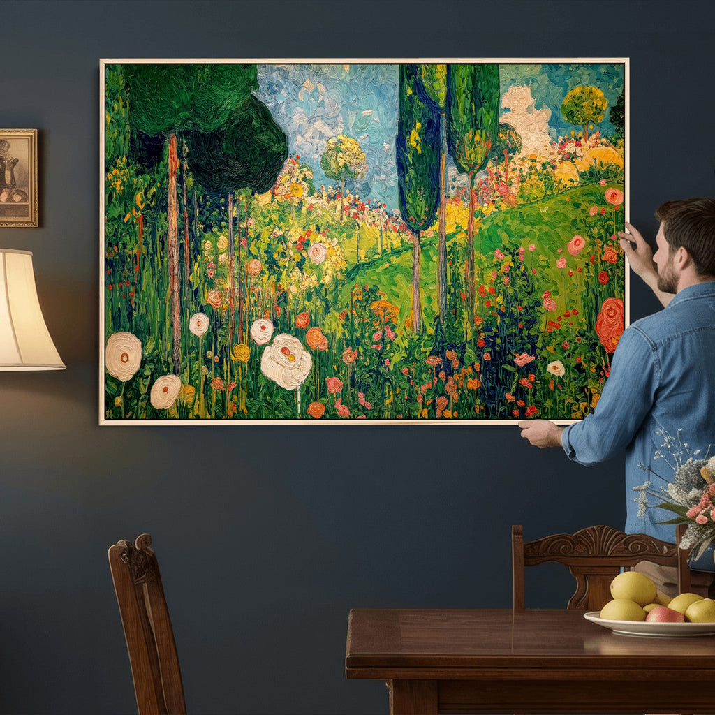 Gustav Klimt Boho Mountain Landscape Large Wall Art, Gold Sun and Flowers Print