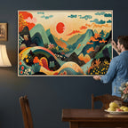 Yayoi Kusama Boho Mountain Landscape Large Wall Art, Gold Sun and Flowers Print