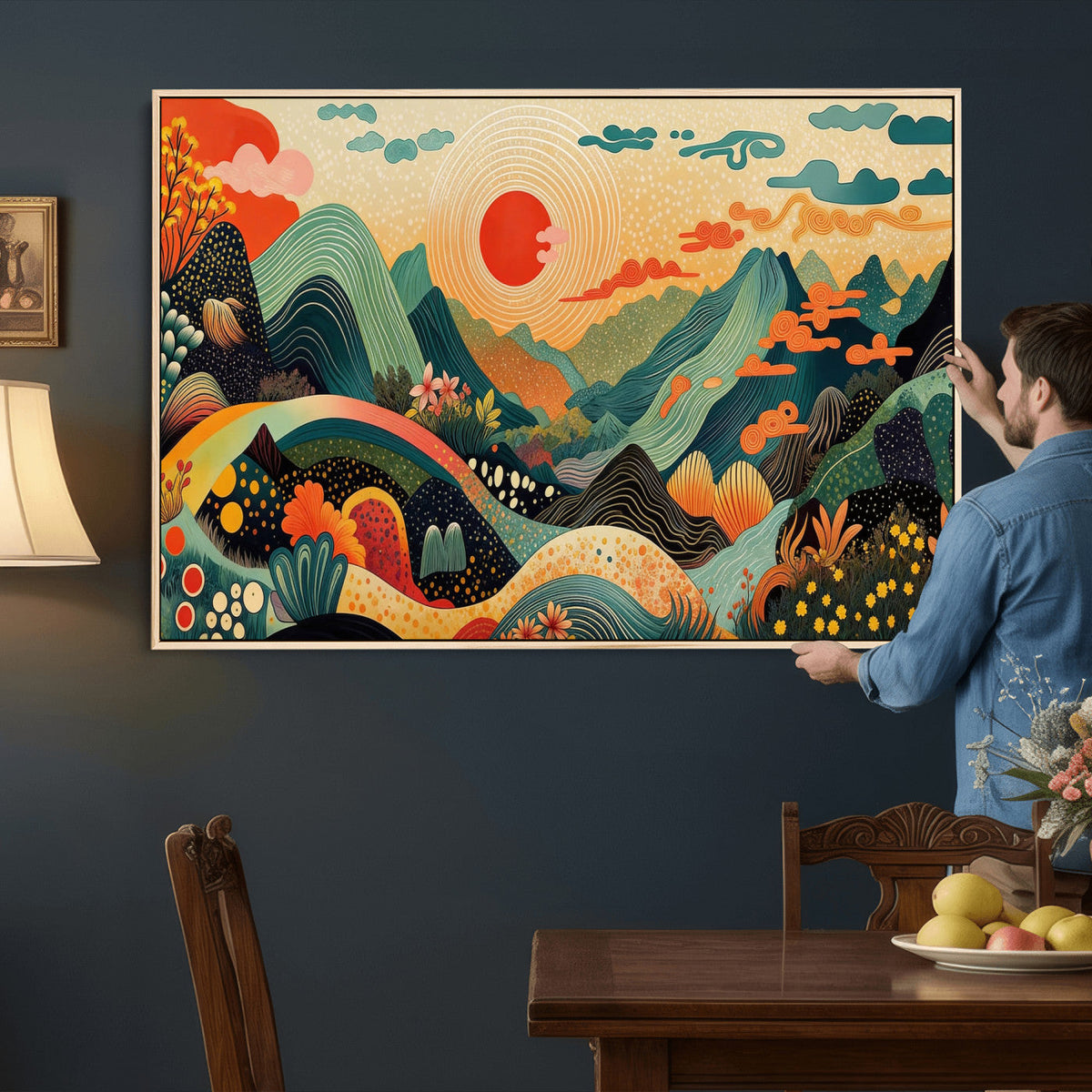 Yayoi Kusama Boho Mountain Landscape Large Wall Art, Gold Sun and Flowers Print