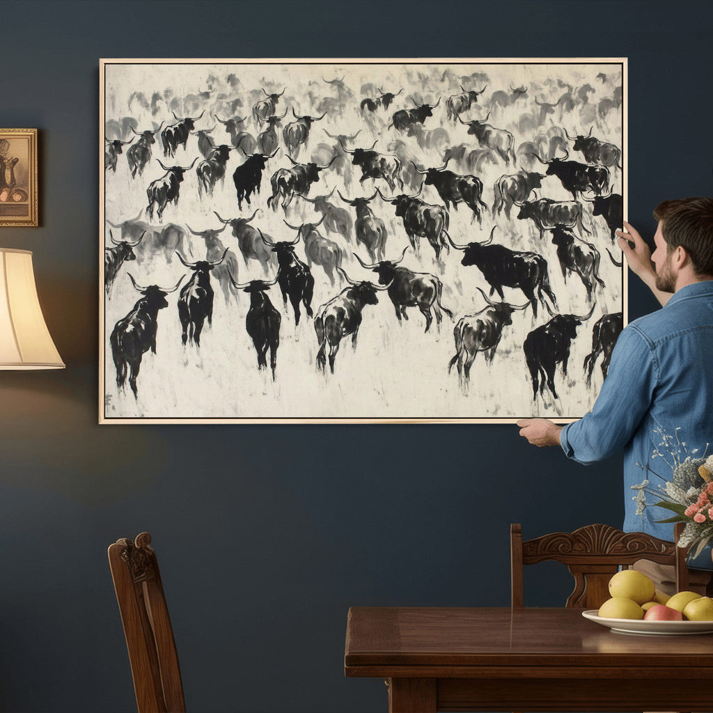 Longhorn Cattle Canvas Wall Art, Black White Stampede Ink