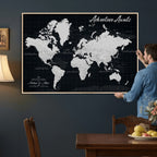 Personalized Black Push Pin Travel Map Canvas Print, Couples Countries Visited Map, Entryway and Hallway Decor