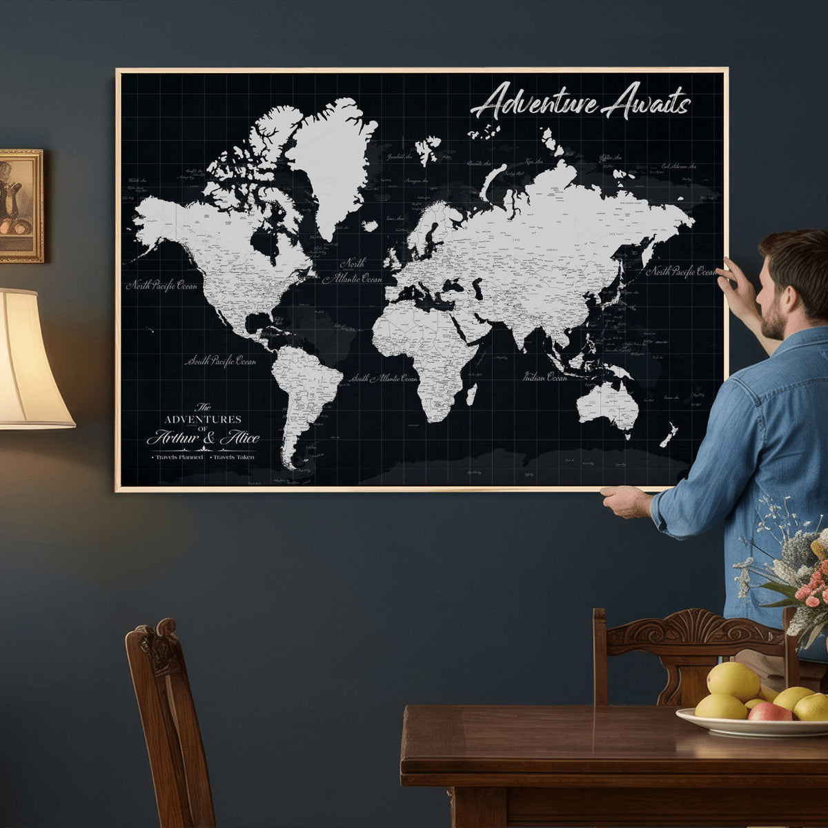 Personalized Black Push Pin Travel Map Canvas Print, Couples Countries Visited Map, Entryway and Hallway Decor