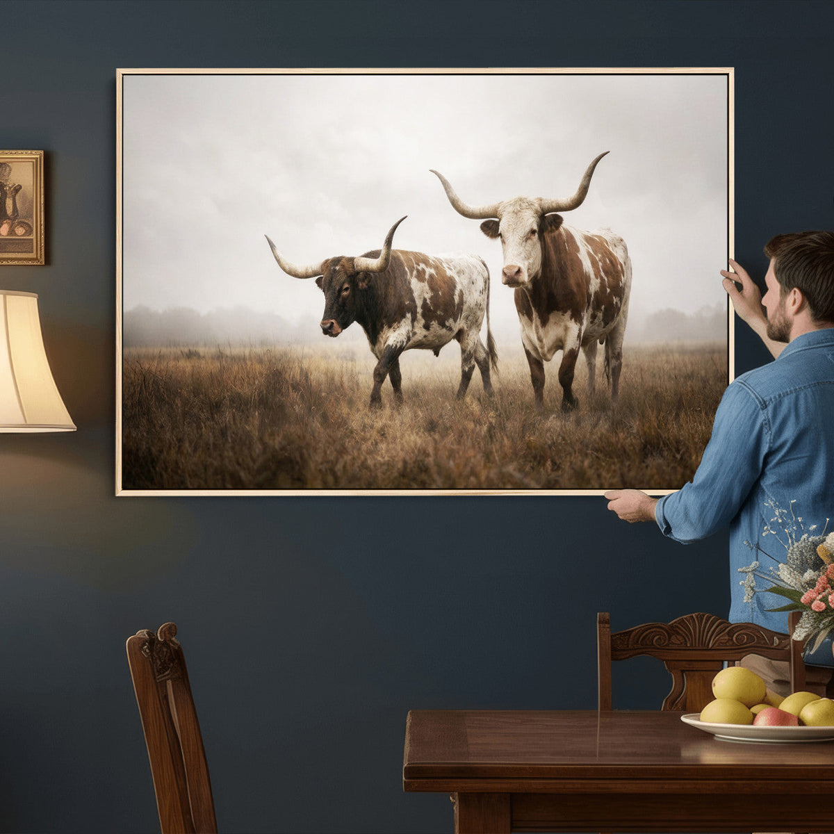 Texas Longhorn Canvas Wall Art Western Bull Desert, Rustic Farmhouse Wall Decor