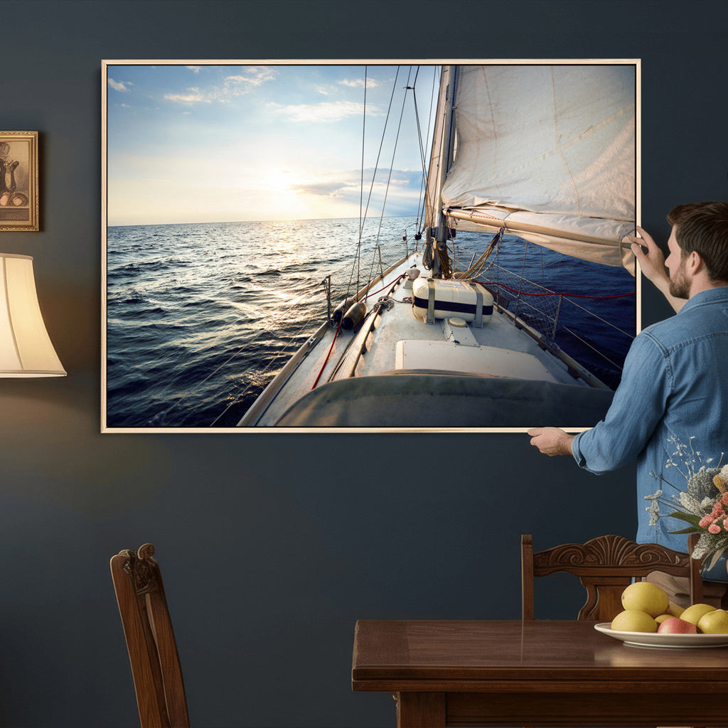 Sailboat Wall Art Canvas Print, Ocean Sunset Sailing Framed Artwork