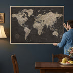 World Map Canvas Wall Art, Dark Charcoal and Antique Tan Detailed Map