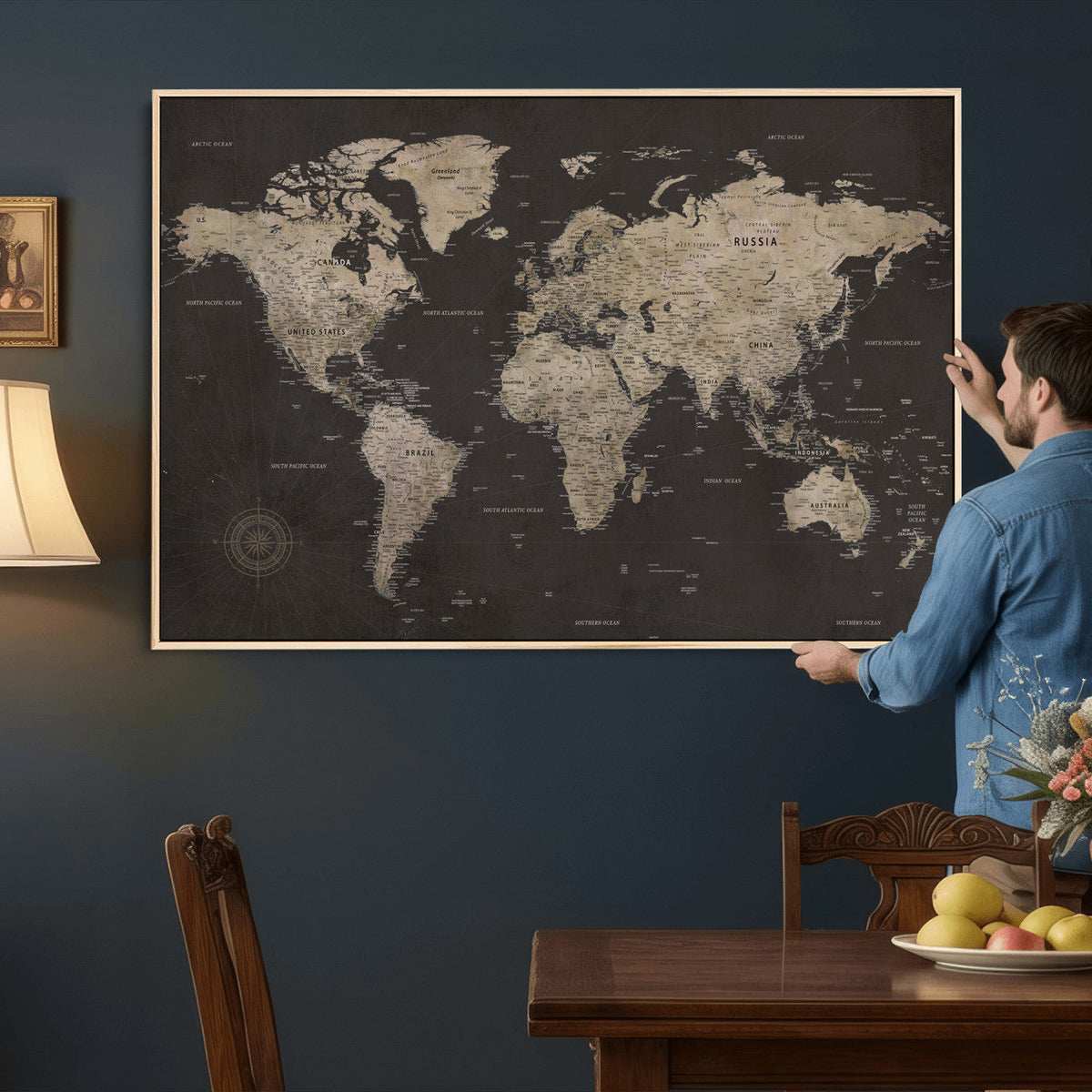 World Map Canvas Wall Art, Dark Charcoal and Antique Tan Detailed Map