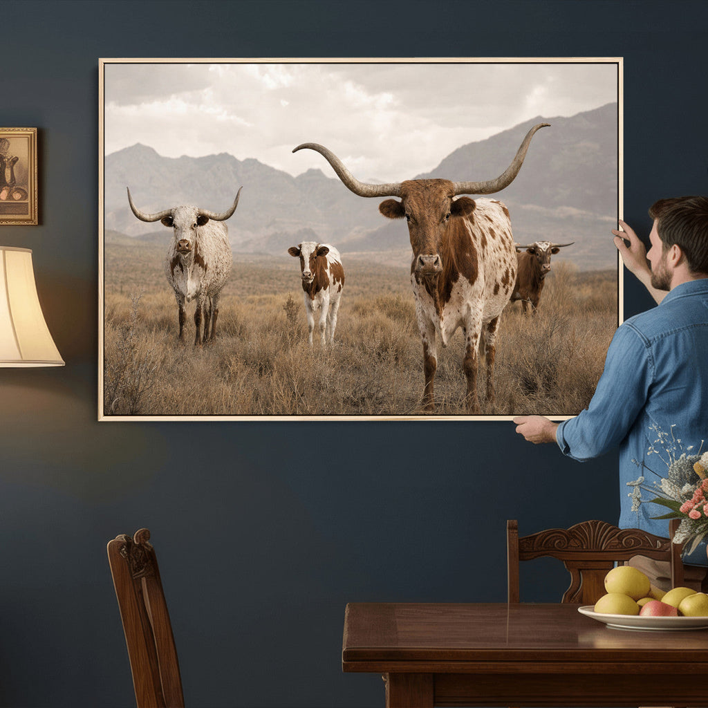 Rustic Texas Longhorn Cow Canvas Wall Art Print, Farm Animal Photography