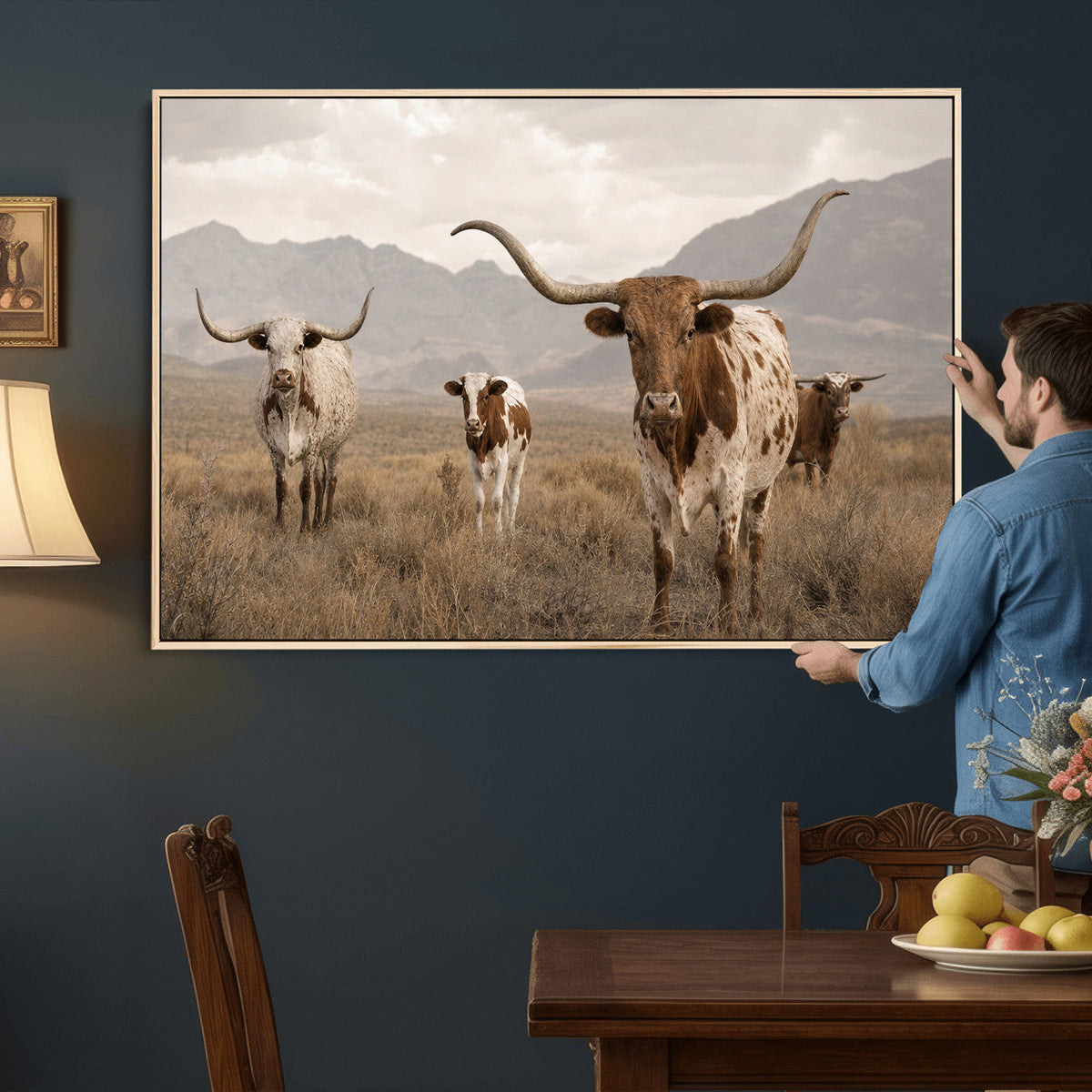 Rustic Texas Longhorn Cow Canvas Wall Art Print, Farm Animal Photography